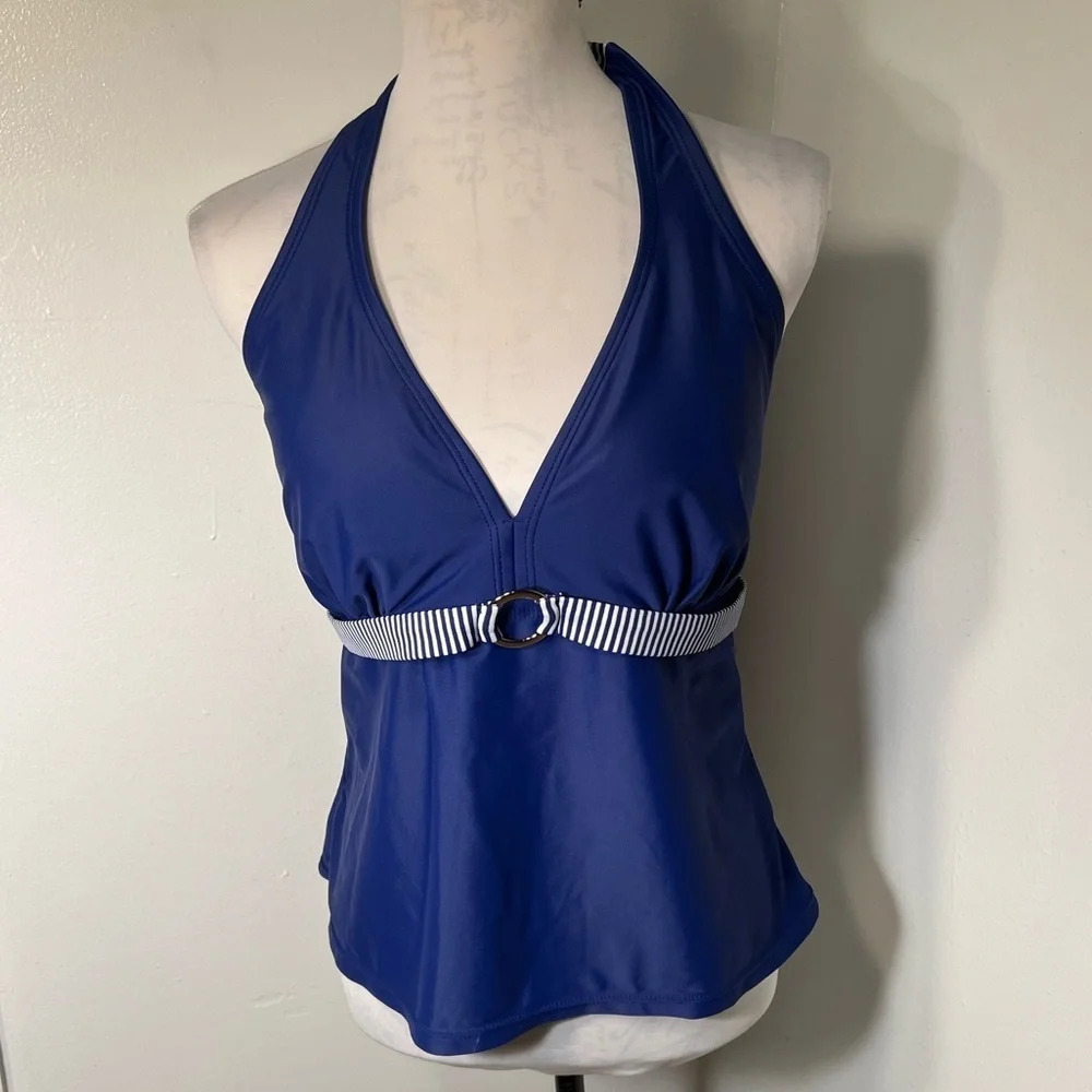 Tropical Escape, 18W, halter style blue &white, striped tankini attached w/belt